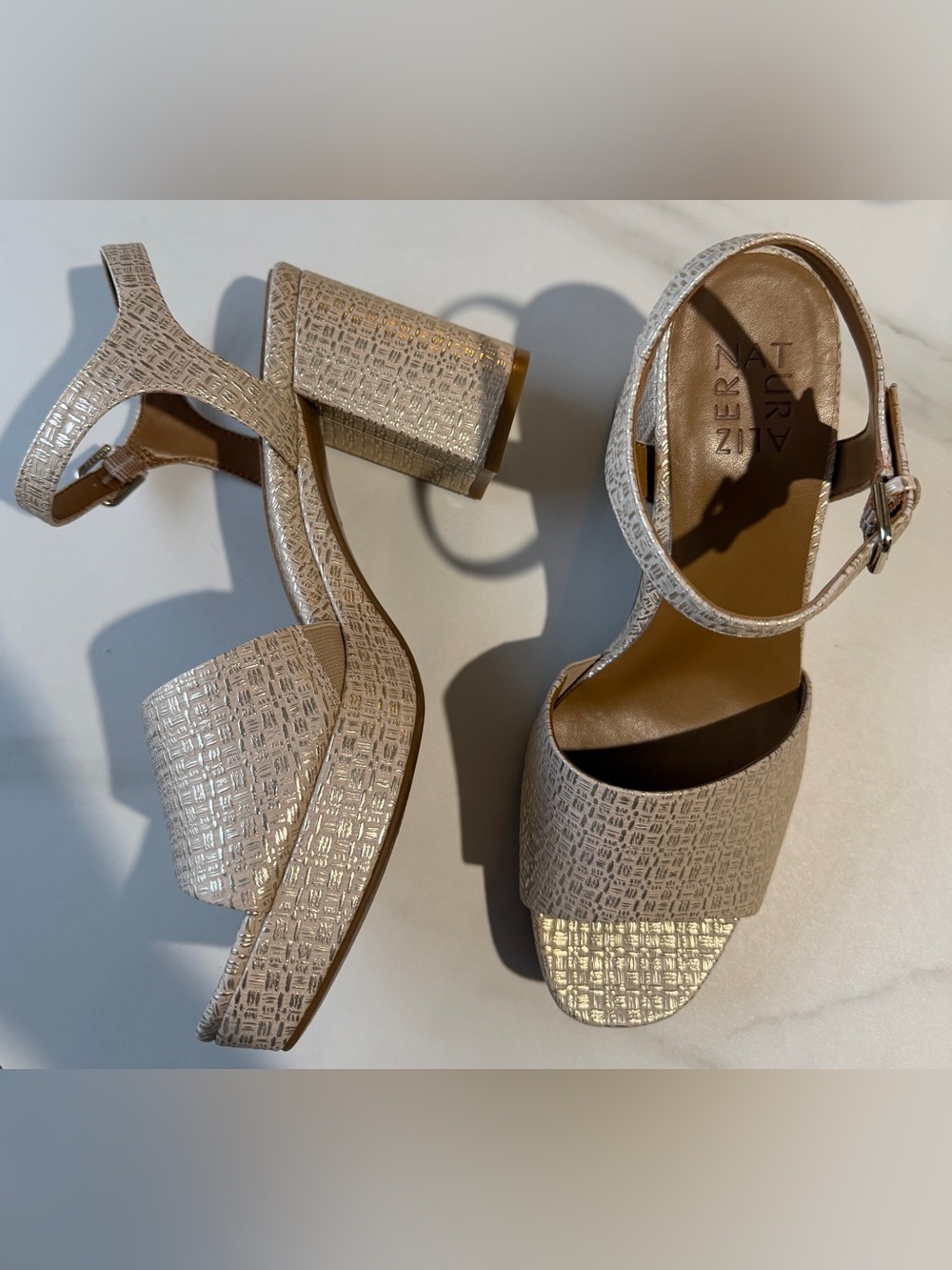 Naturalizer Cream Metallic Block Heel Sandals